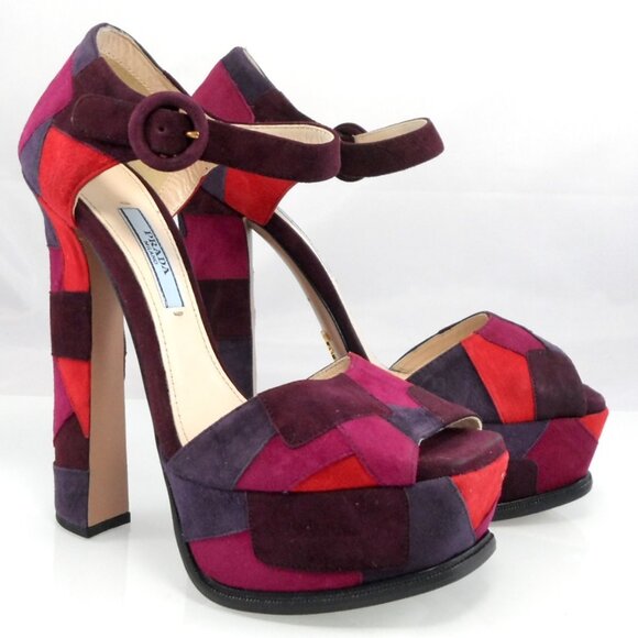 NIB$990 Collection Prada Patchwork d’Orsay Ankle Strap Platform Heels Vintage 37 - Picture 3 of 16